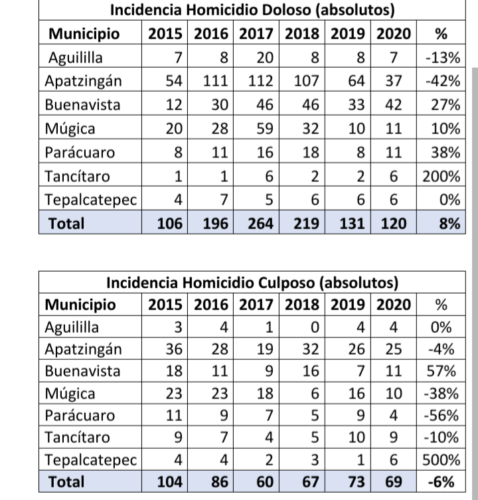 Estadística de homicidio doloso y culposo, en 2020