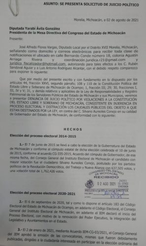 Recibe Congreso de Michoacán solicitud de juicio político contra Silvano Aureoles