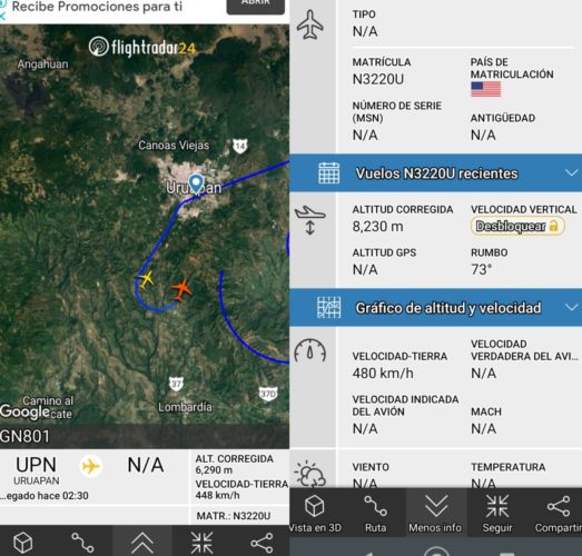 Avión sobrevuela más de dos horas y media región Uruapan-Pátzcuaro