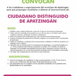 Convocan a propuestas de  candidatos a “Hijo Predilecto”, “Ciudadano Distinguido” y “Mérito Juvenil”, de Apatzingán